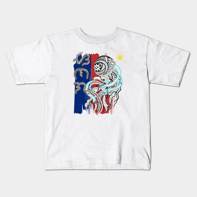 Philippine Flag-Tribal line Art Jellyfish / Baybayin word Sinag (Flash of light) Kids T-Shirt by Pirma Pinas